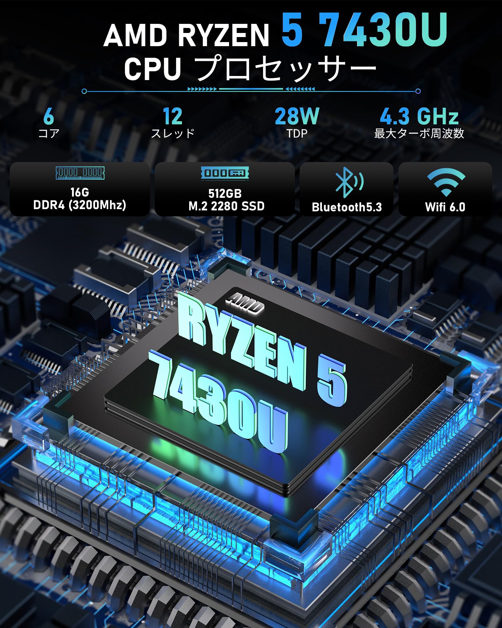 Amazon.co.jp: Getorli ミニ PC AMD Ryzen 5 7430U 最大 4.3GHz